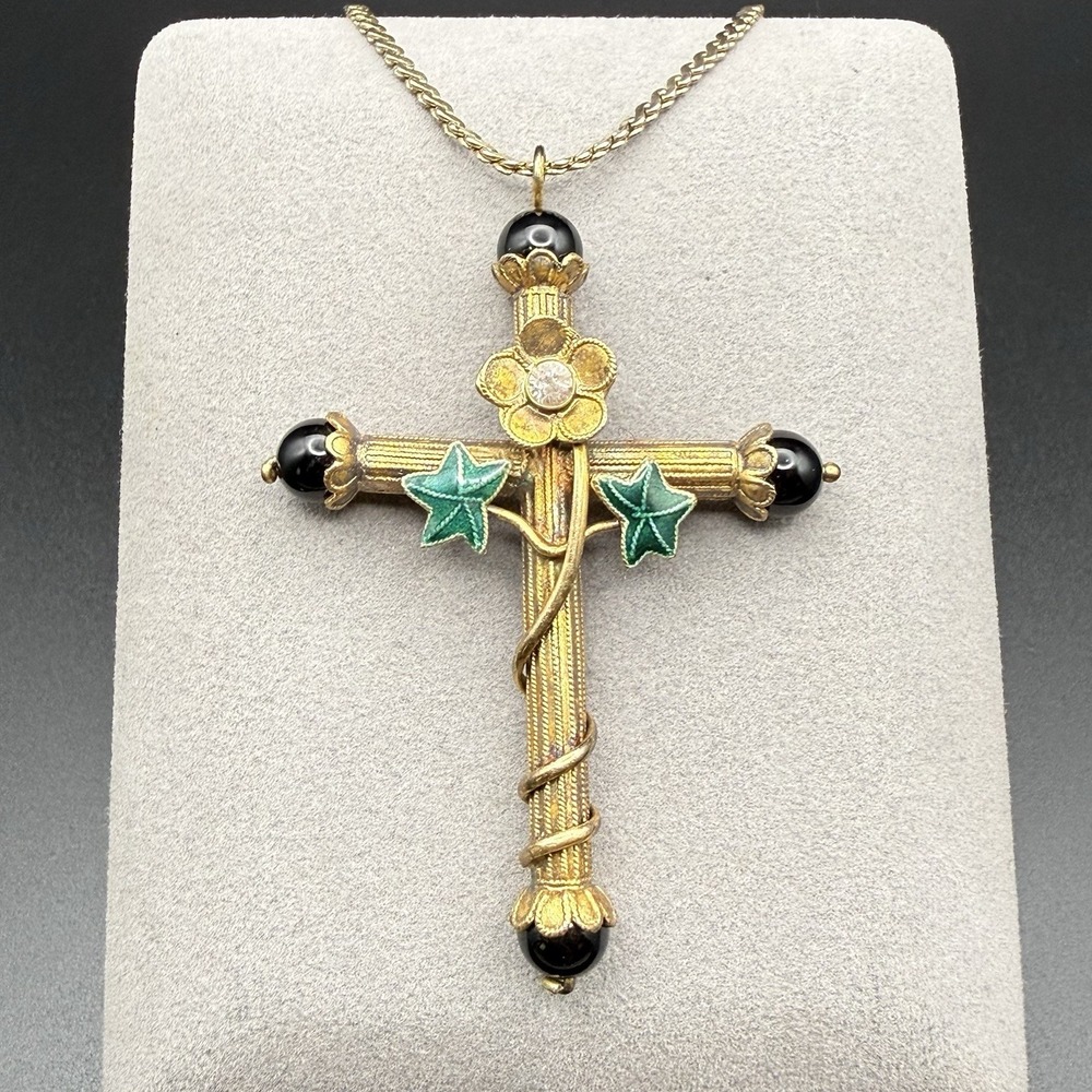 Antique Victorian Gold over Sterling Silver Enamel Crystal & Onyx Cross Pendant